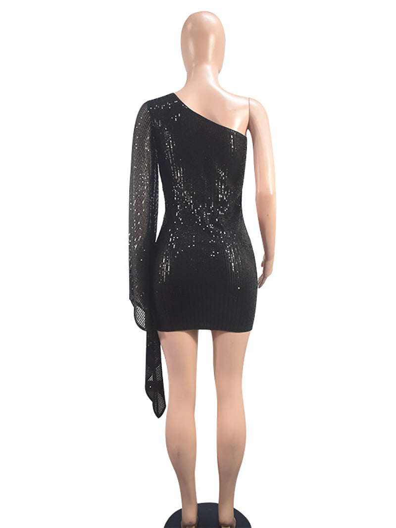 Slash Shoulder Sequin Mesh Bodycon Dress