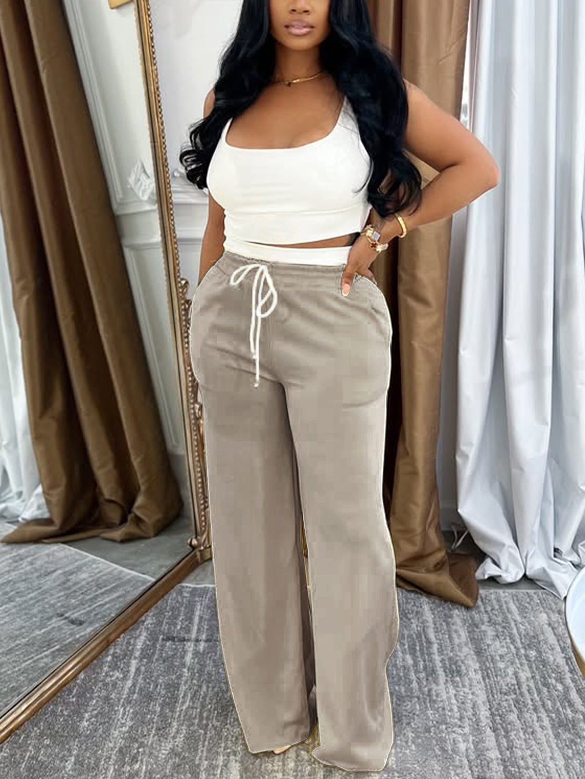 Casual Square Neck Cropped Vest Draw String Pants Set