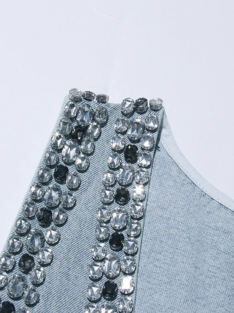 Elegant Crystal Embellished Sleeveless Denim Dress