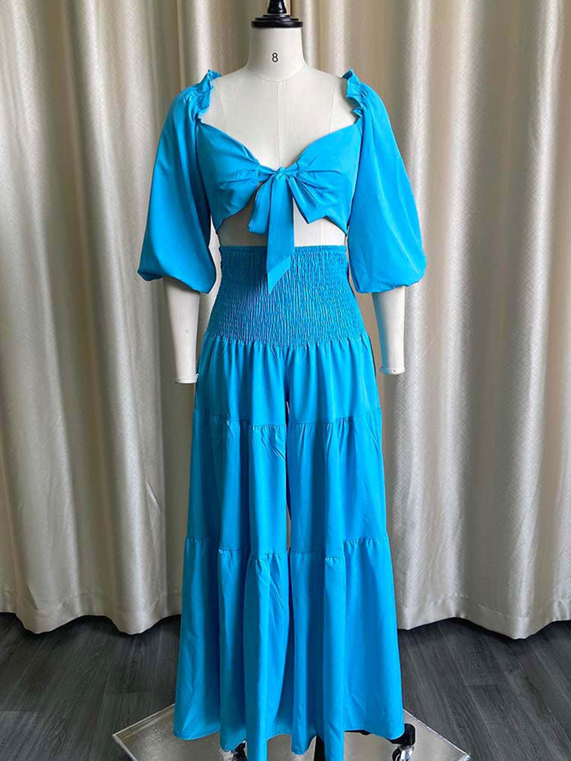 Sexy V Neck Tied Front Crop Tops And Wide Leg Pants Set