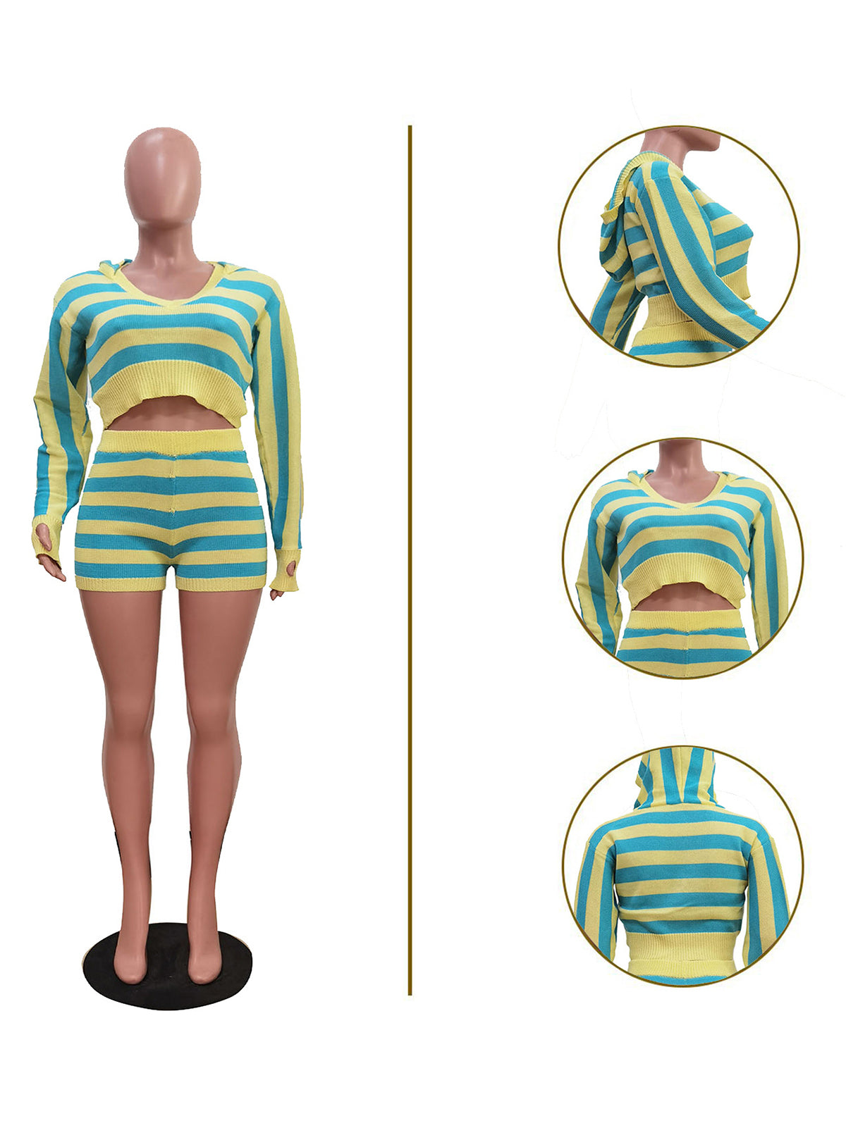 Casual Stripe Patchwork V Neck Hooded Two Piece Set