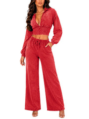 Washed Zip Jacket and Wide Leg Pants Set