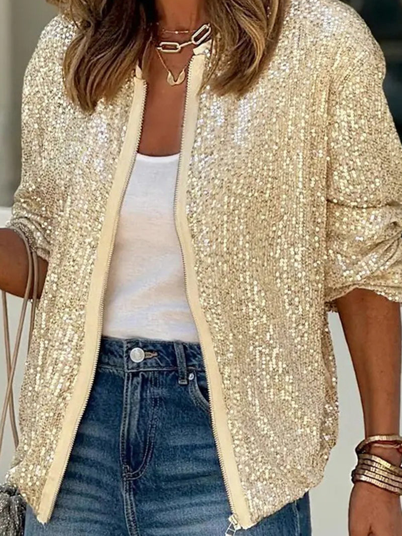 Fashion Long Sleeve Sequin Zip Up Party Jacket