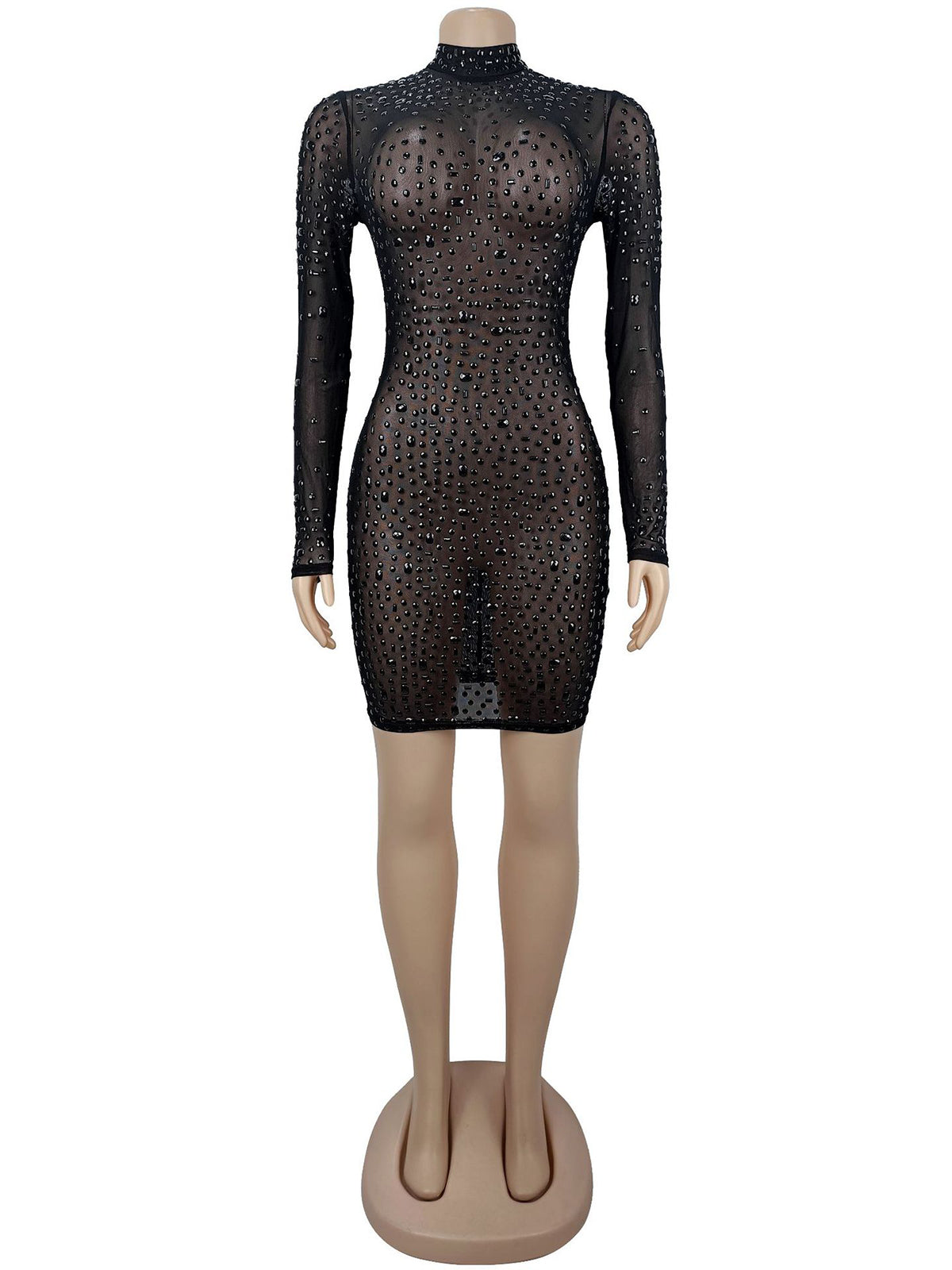 Sexy Mesh Sheer Rhinestone Mini Dress