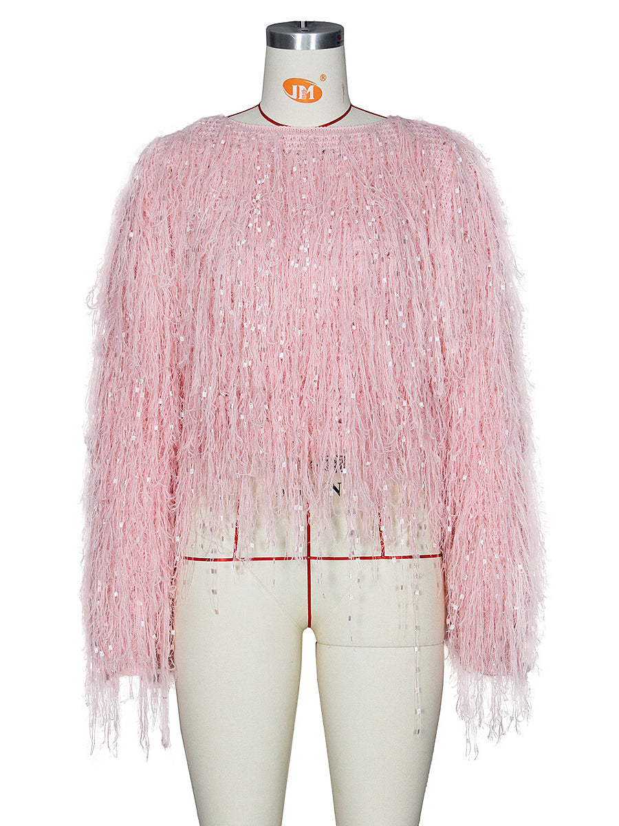 Neon Fringe Knit Casual Pullover Sweater