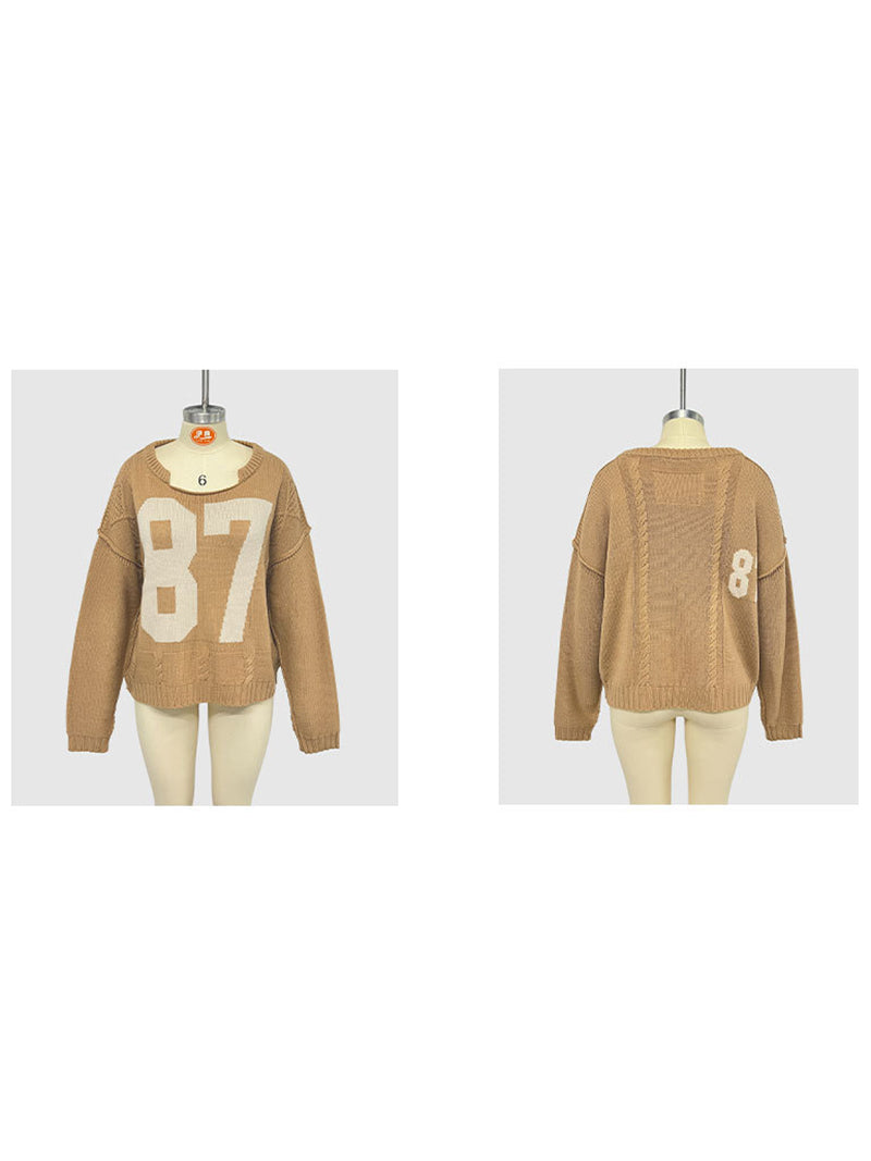 Casual Crew Neck Knit Number Pullover Sweater