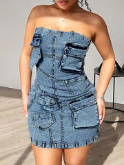 Fashion Patchwork Strapless Denim Dress