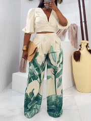 V Neck Print Ruched Tops Wide Leg Pants Two Pieces Set