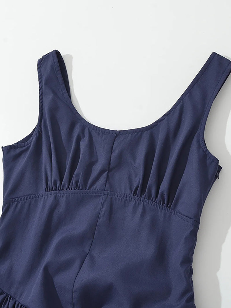 Sleeveless Cinched Waist Pleated Ruffles Midi Dress
