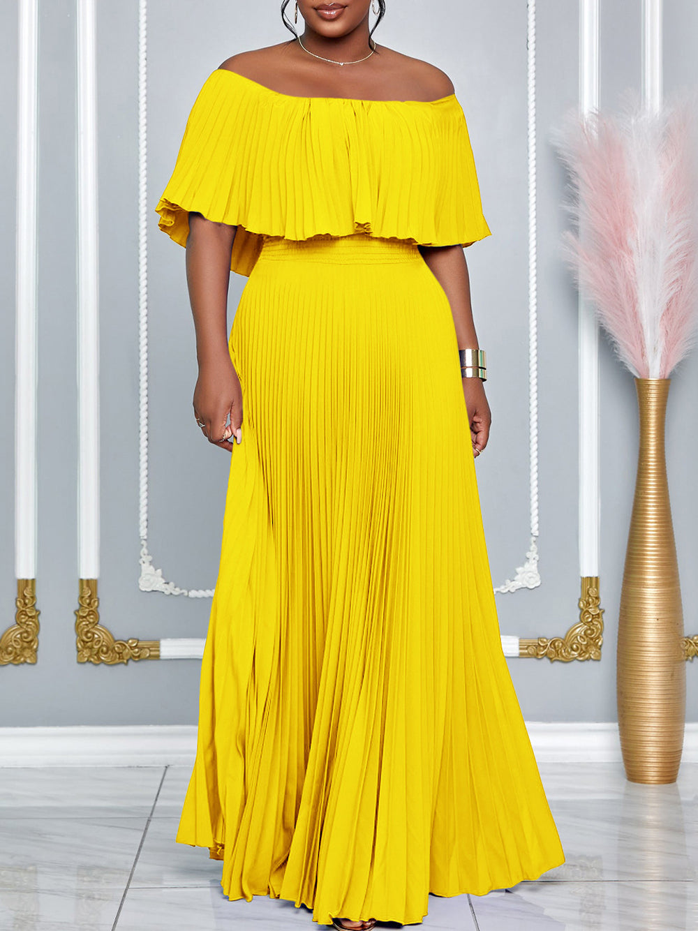 Elegant Solid Color Pleated Off Shoulder Long Dress