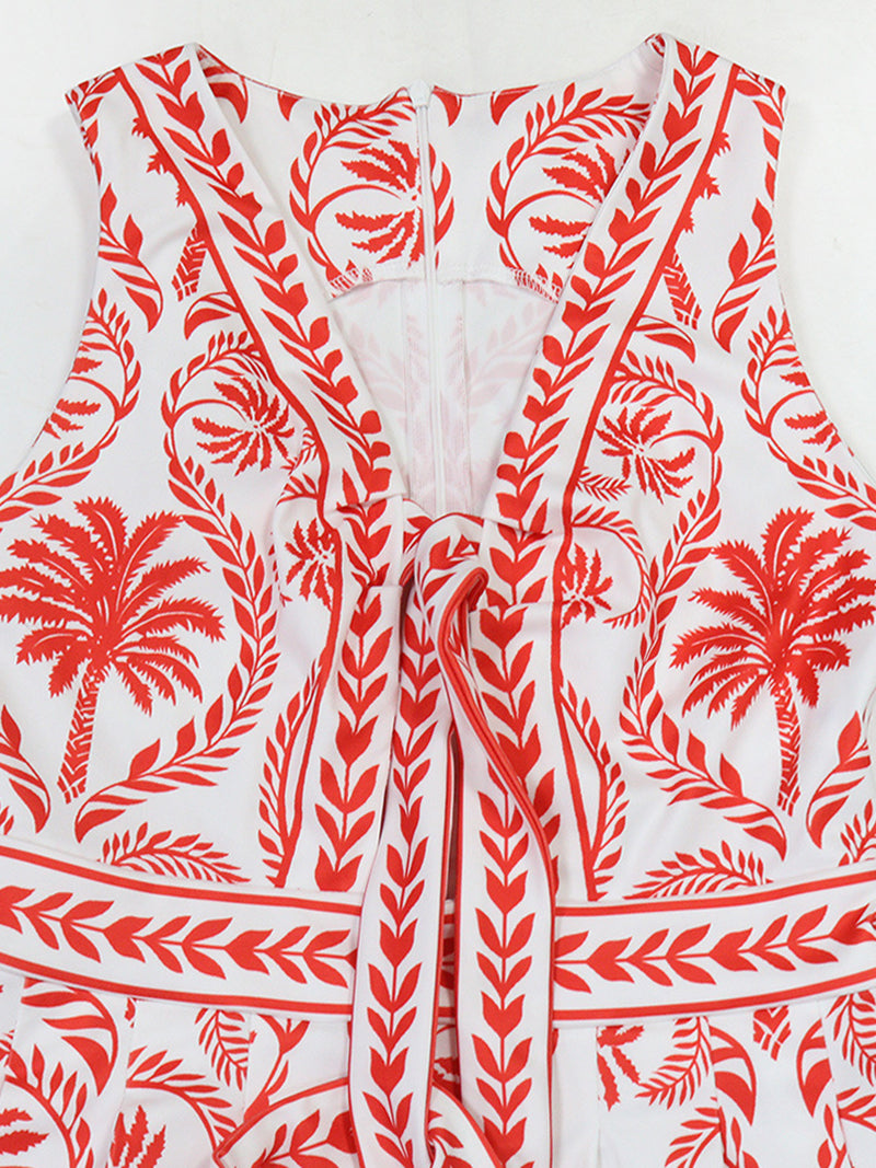 Sexy V Neck Print Tie Front Lace-up Wide Leg Jumpsuit
