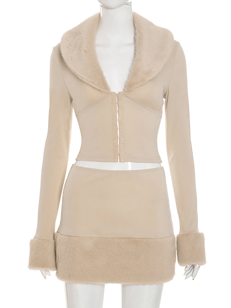 Faux Fur Patchwork Crop Top Mini Skirt Sets