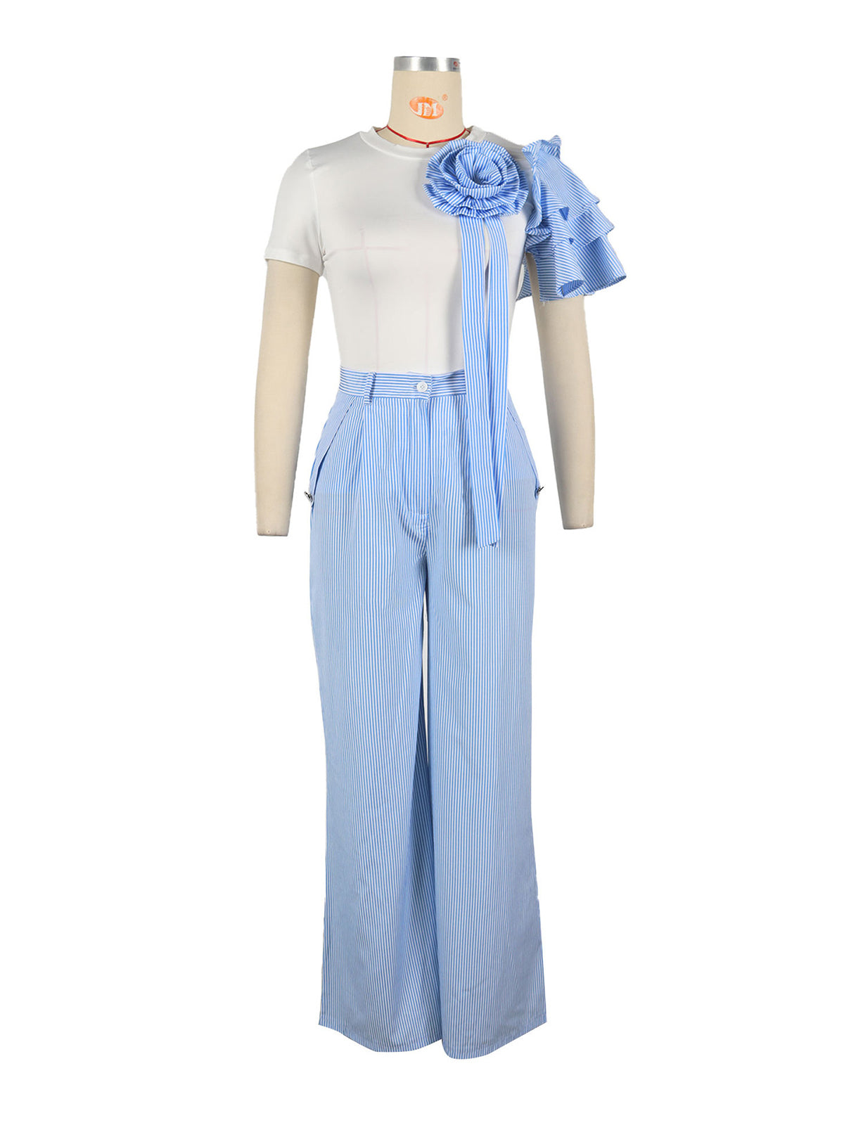 Asymmetric Rosette Top Pinstripe Wide Leg Pants Sets