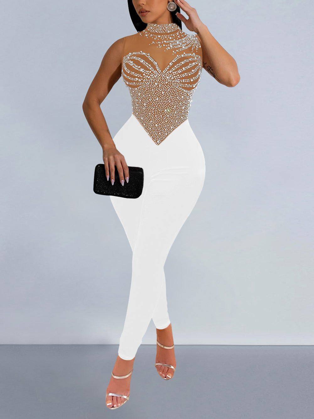Sexy Rhinestones Decor Sleeveless Bodycon Jumpsuit