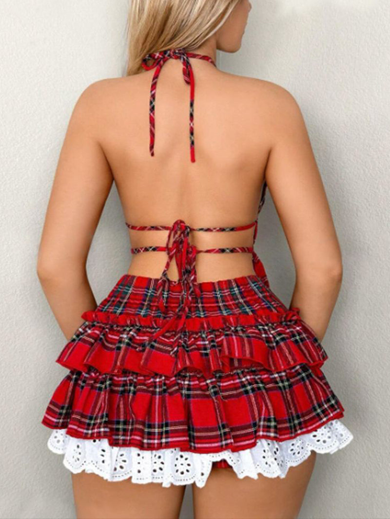 Sexy Backless Lace-up Low Waist Plaid Mini Skirt Set