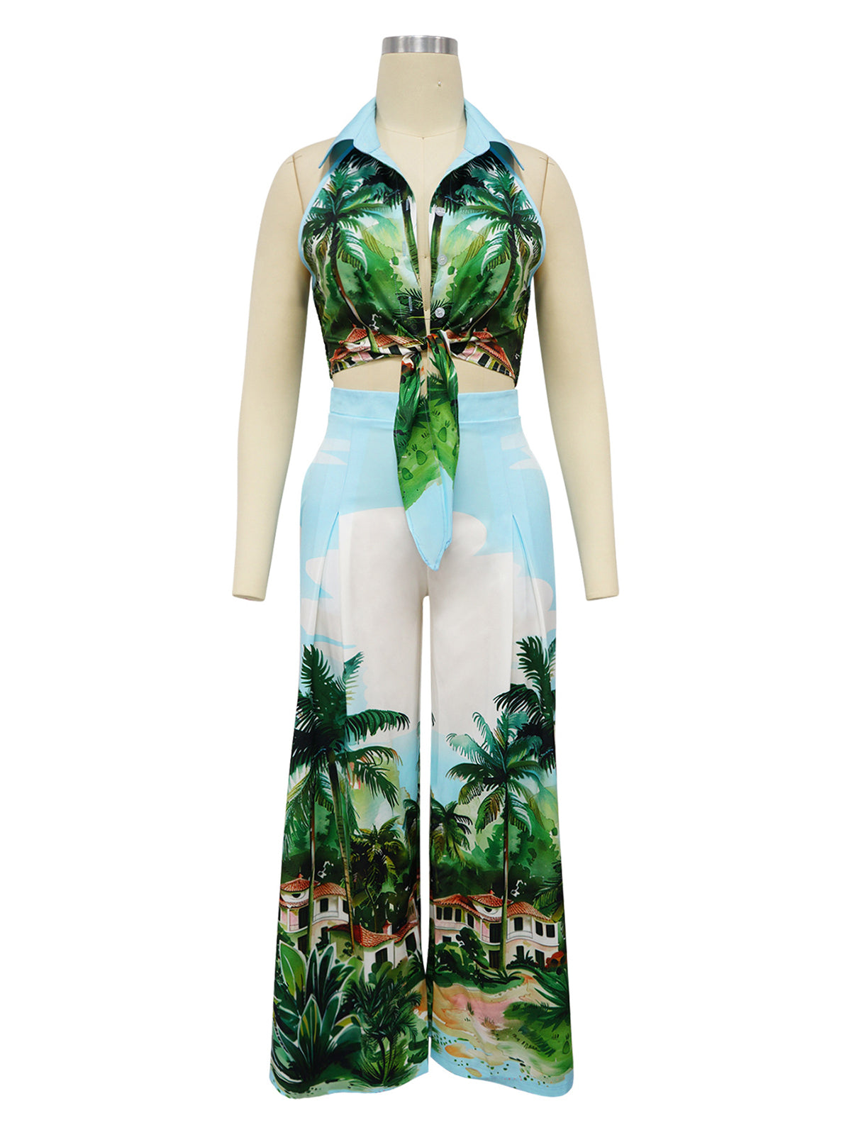 Print Lapel Sleeveless Crop Top Wide Leg Pants Sets