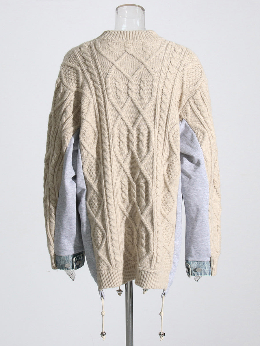 Fashion Round Collar Patchwork Denim Knit Sweater