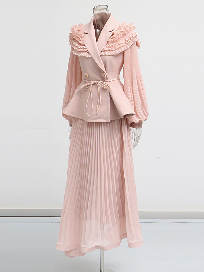 Boutique Lapel Full Sleeves Slim Top And Mesh Skirt Sets
