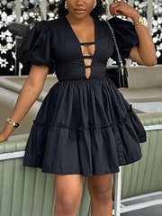 Solid Color Hollow Out Ruched Patchwork A-Line Dress