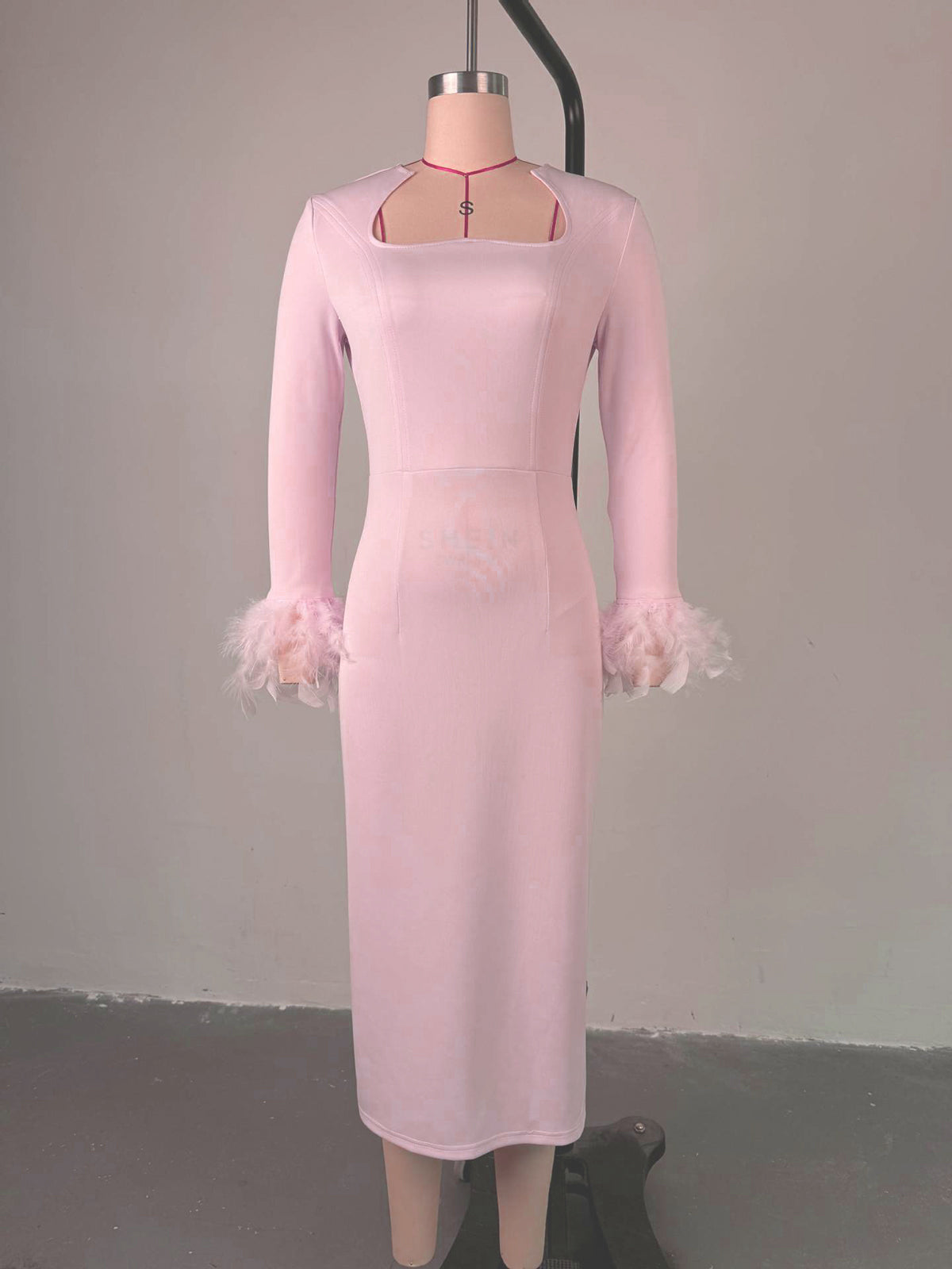 Feather Patchwork Cuff Formal Party Elegant Midi Dress