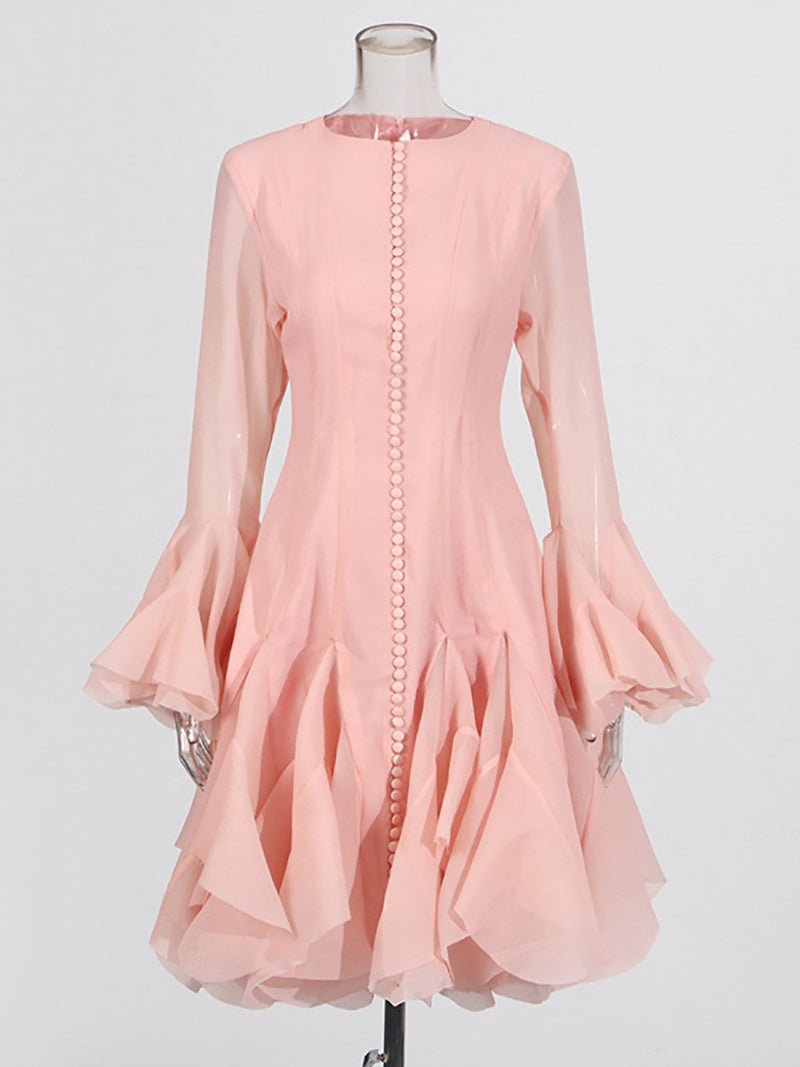 Round Collar Flare Sleeve Patchwork Ruffle Midi Dress
