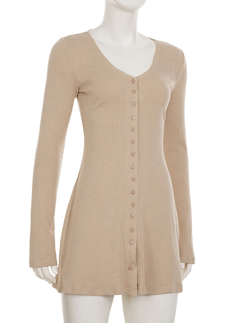 Fashion V Neck Button Down Ribbed Knit Mini Dress