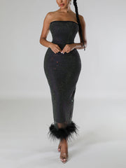 Sexy Rhinestone Feather Strapless Bodycon Dress