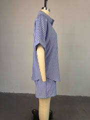 Lapel Stripe Loose Shirt Shorts Casual Set