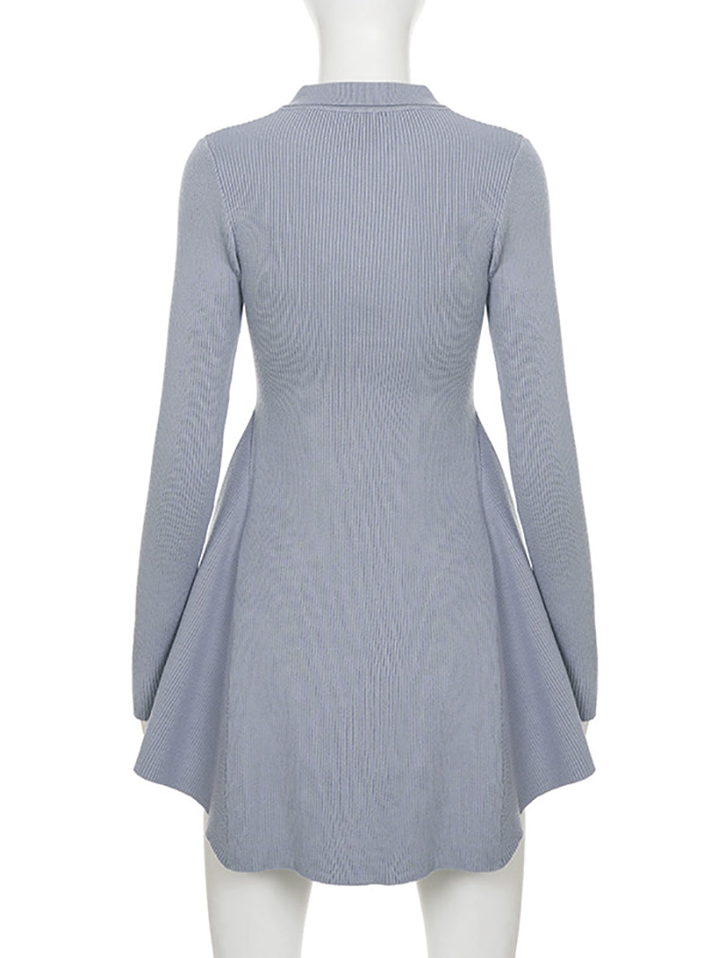 Fashion Polo Collar Button Sweater Mini Dress