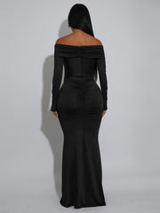 Elegant Off Shoulder Long Sleeve Draped Maxi Dress