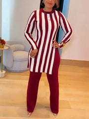 Stripe Slit Round Neck Tops Straight Leg Pants Sets