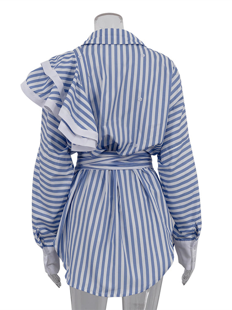 Fashion Stripe Ruffle Lace-up Shirt Mini Dress