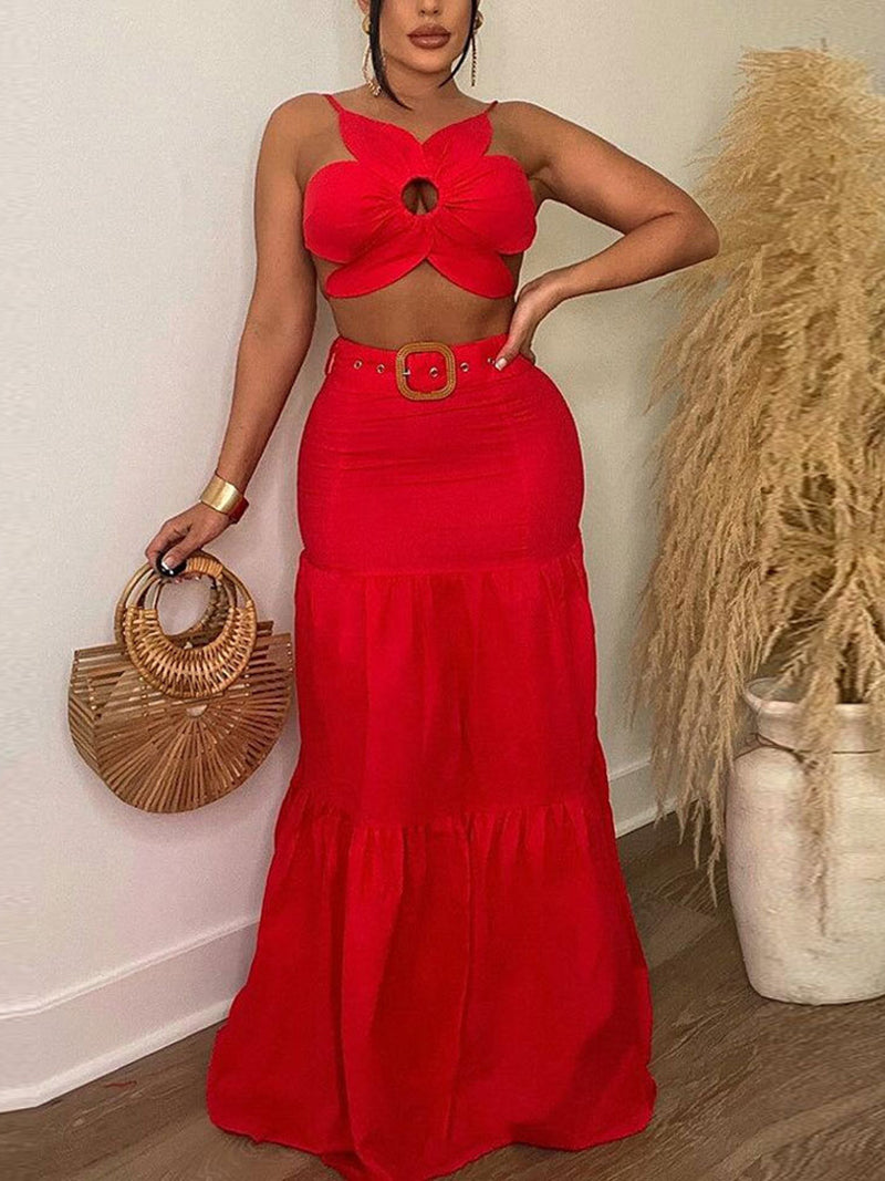 Flower Shape Tie-Up Tiered Maxi Skirt Matching Set