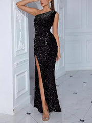 Sequin One Shoulder Split Hem Prom Dress