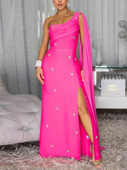 Fashion One Shoulder Cape Rhinestone Embellished Maxi Dress
