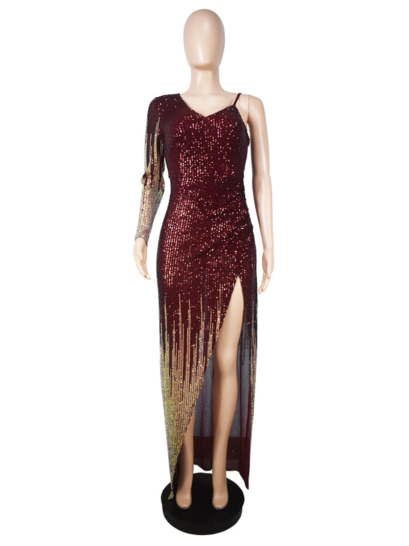 Sexy V Neck Bodycon Sequin Side Slit Party Dress