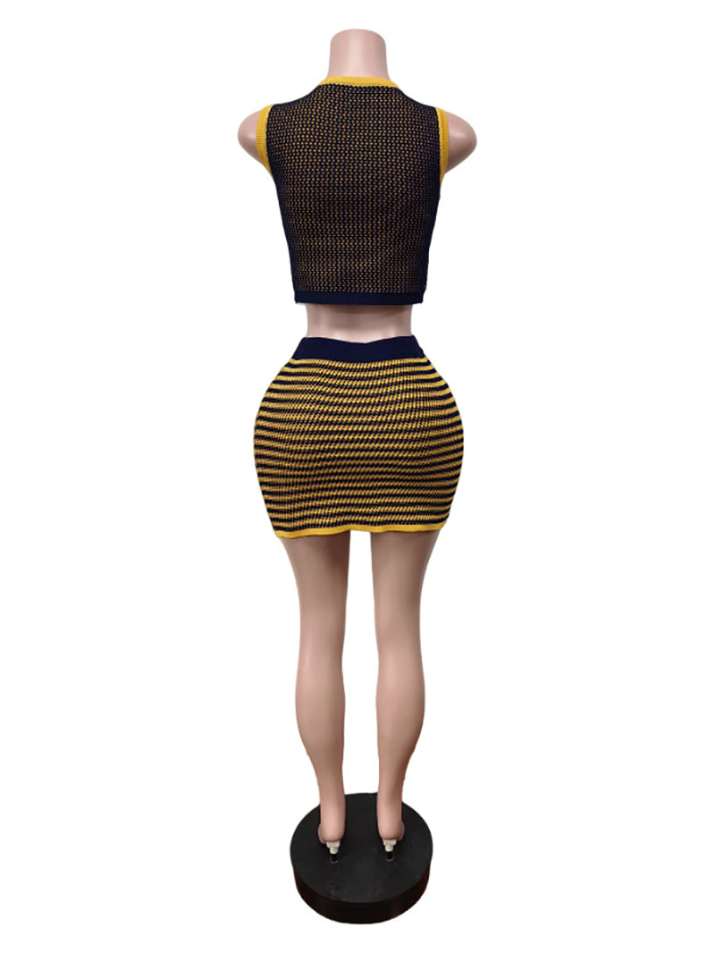 Sexy Knit Geometric Contrast Color Vest Skirt Sets