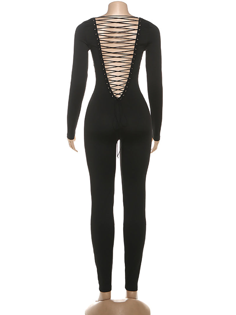 Sexy Long Sleeve Backless Bandage Tight Jumpsuit