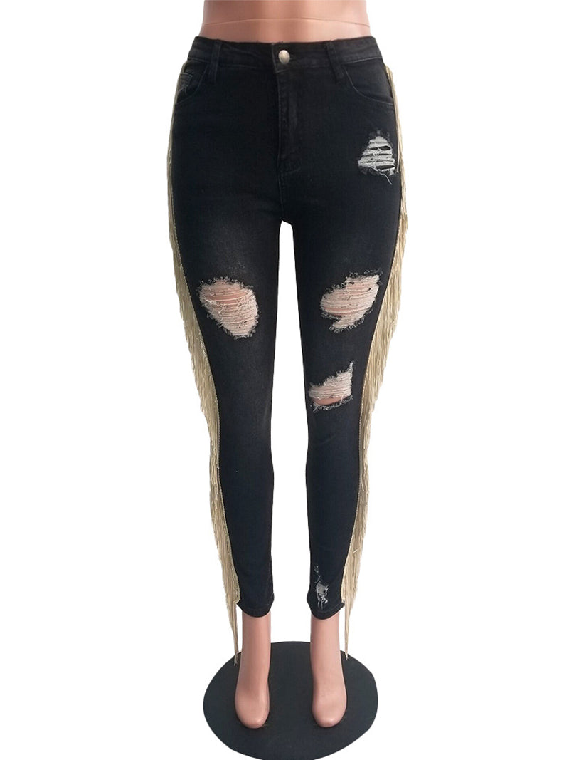 Casual High Waist Ripped Tassel Jeans Pencil Pants