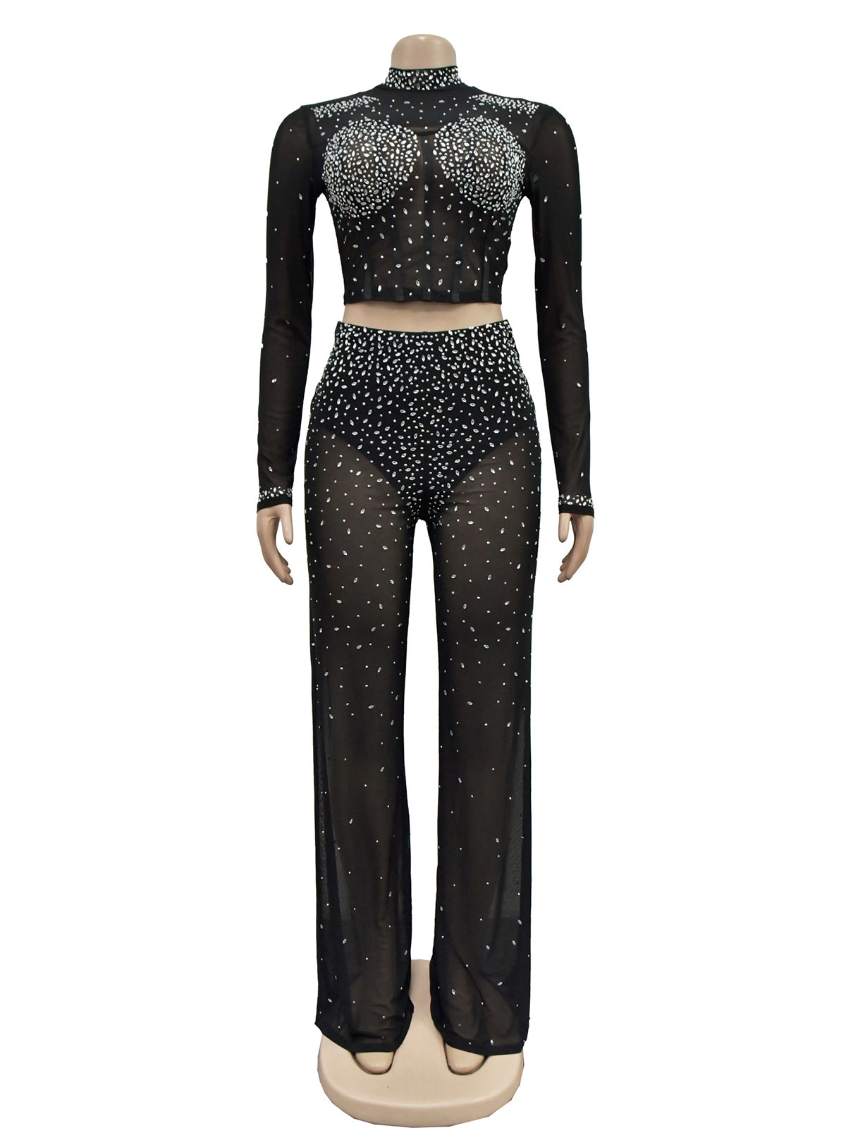 Sexy Sheer Mesh Rhinestone Club Two Piece Set