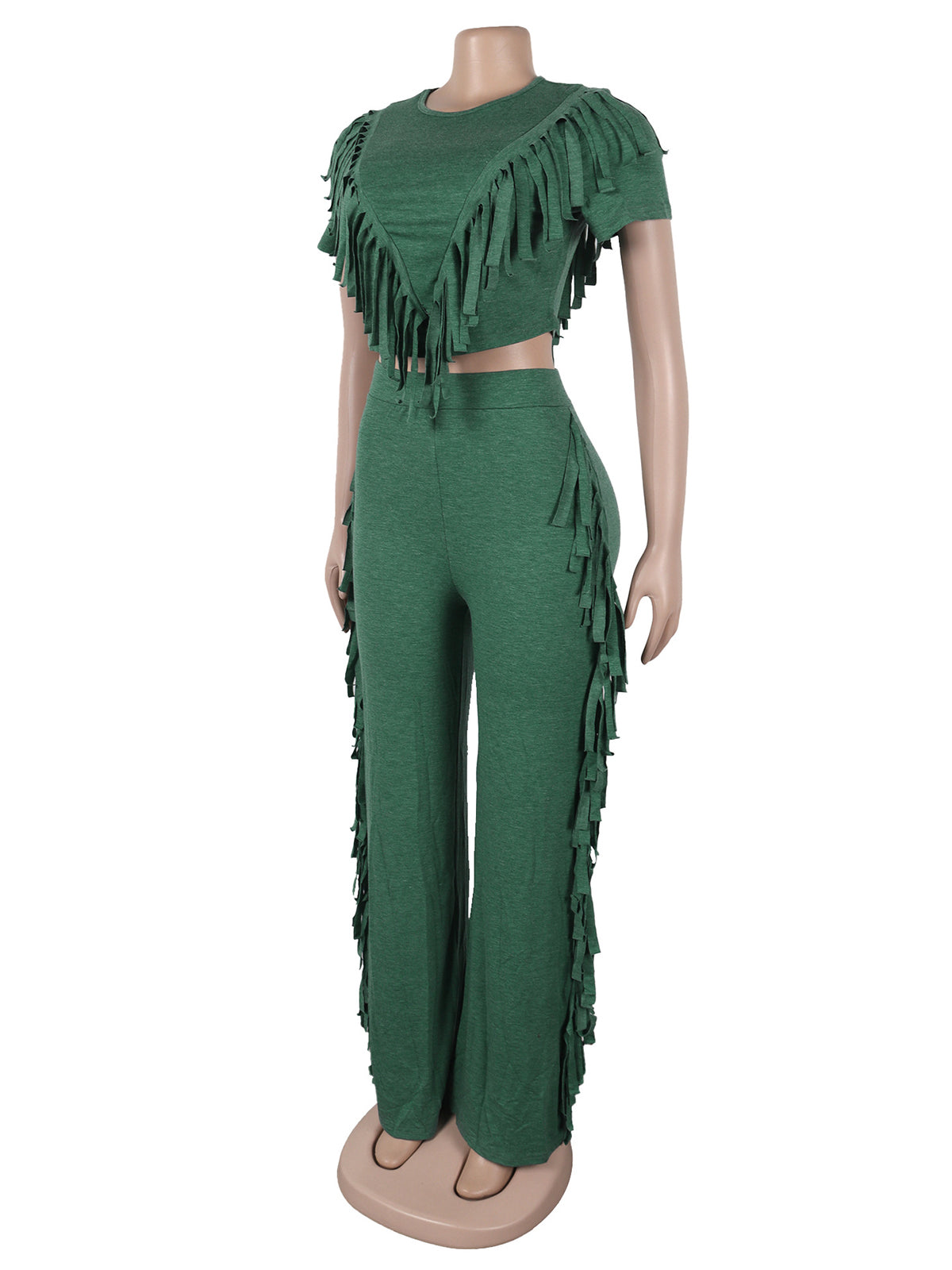 Fringe Crop Top Elastic Pants Casual Two Piece Sets