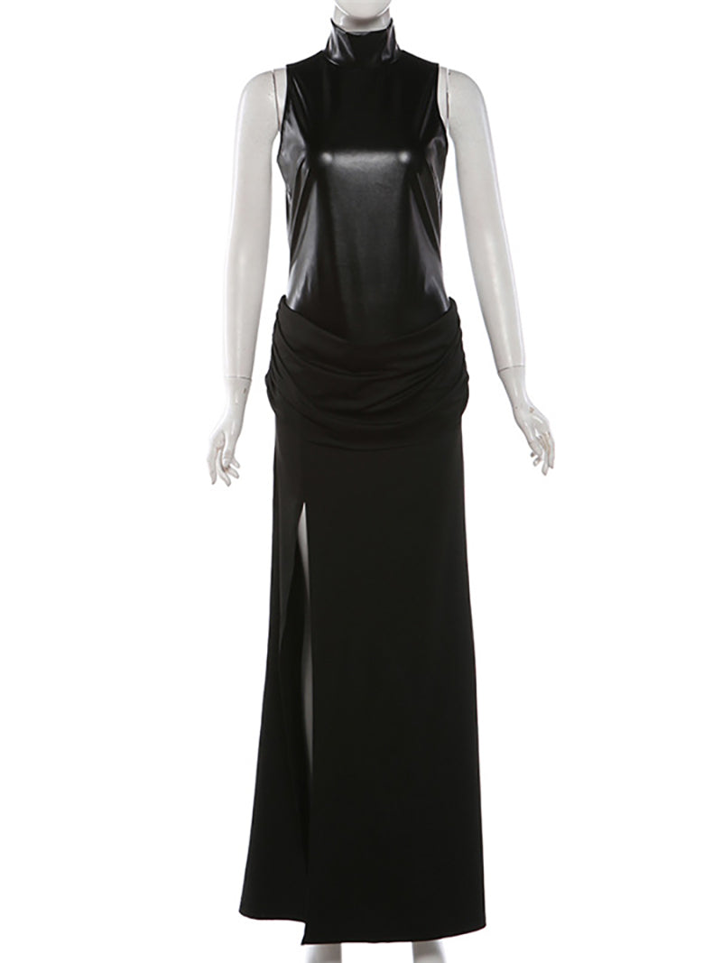 Sexy Sleeveless PU Leather Patchwork Pleated Slit Dress