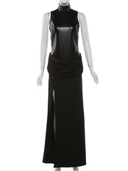 Sexy Sleeveless PU Leather Patchwork Pleated Slit Dress