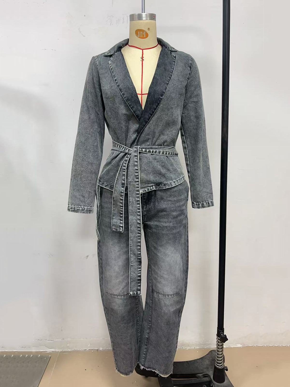 Casual Belted Denim Jacket And Wide Leg Jeans Set