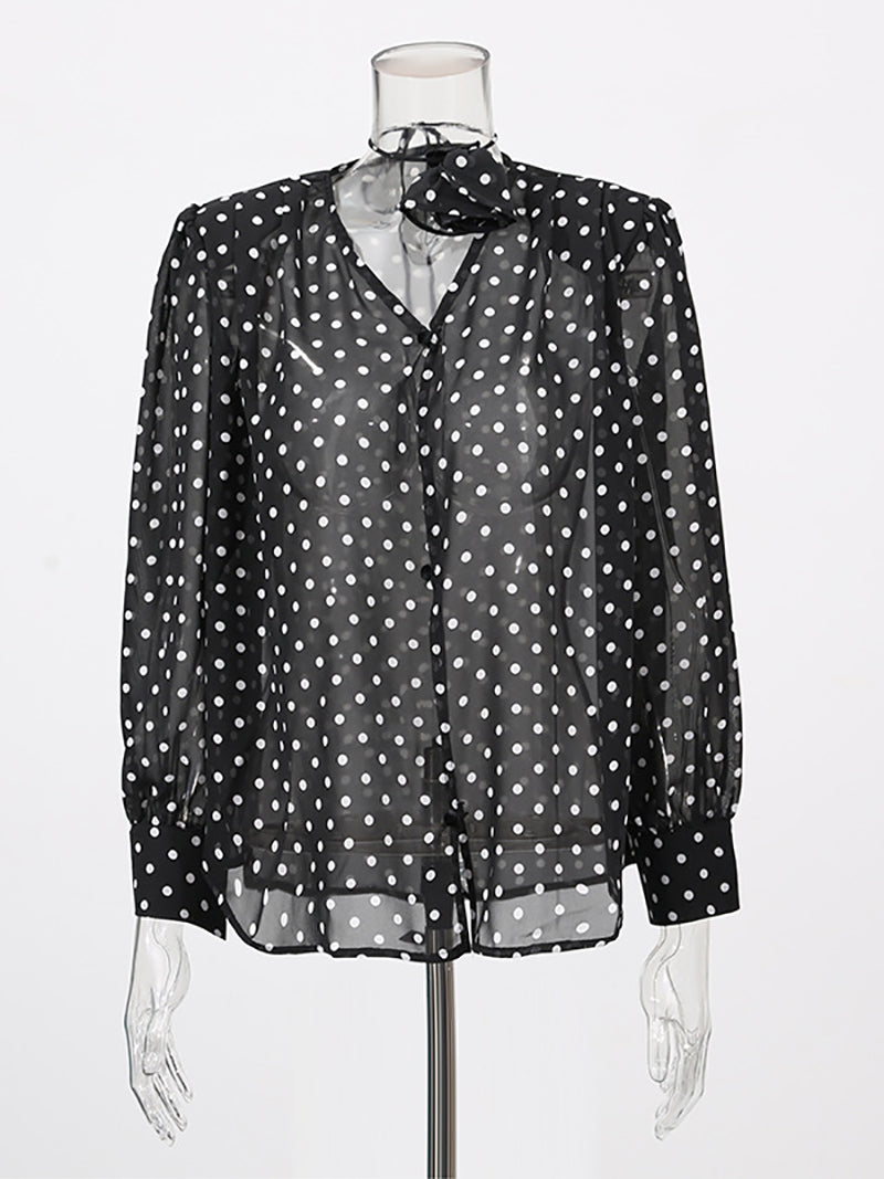 Fashion Polka Dot Print Sheer Mesh Shirt
