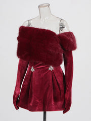 Elegant Velvet Off Shoulder Faux Fur Gloves Mini Dress