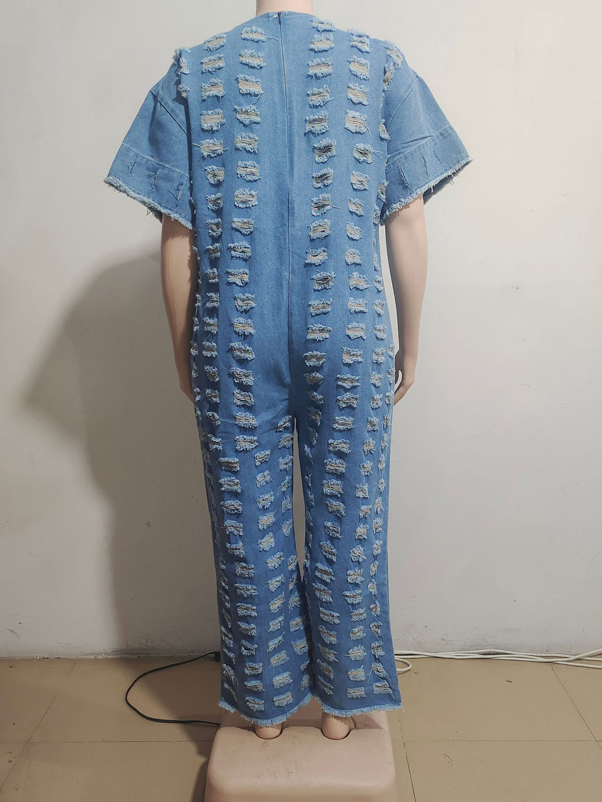 Sexy Deep V Loose Ripped Denim Jumpsuit