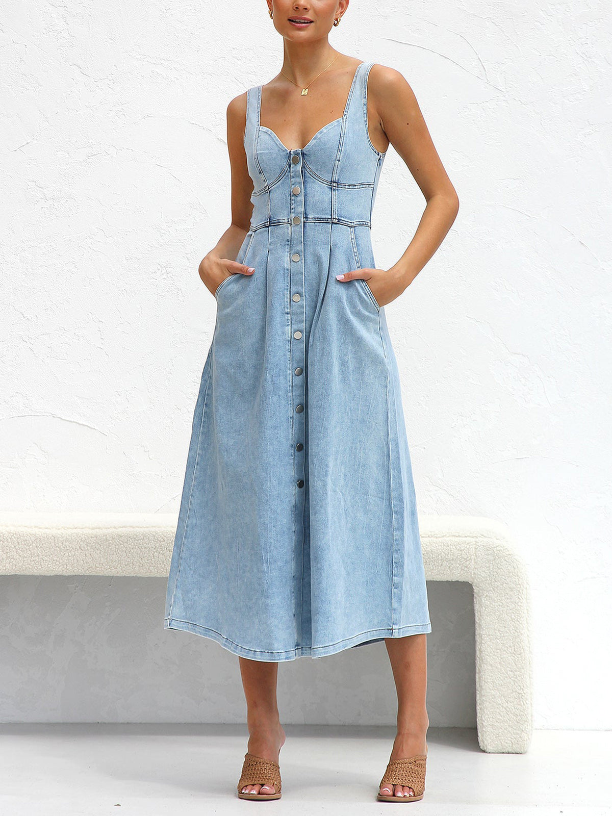 Fashion Denim Suspender Midi Dress