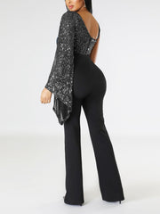 One-Shoulder Cape Sequin Patchwork Nightclub Jumpsuit