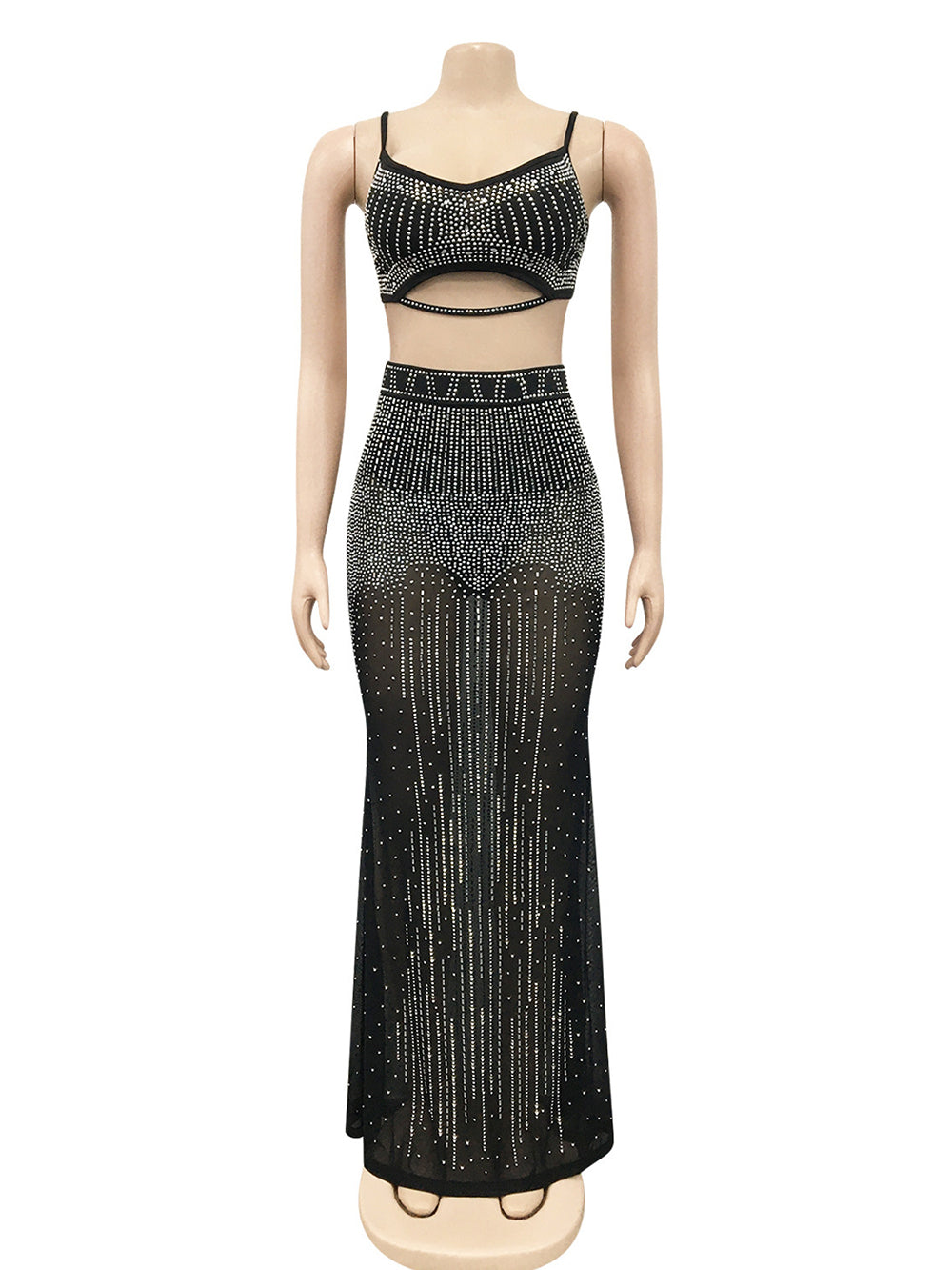 Sexy Spaghetti Strap Mesh Crop Top Maxi Skirt Sets